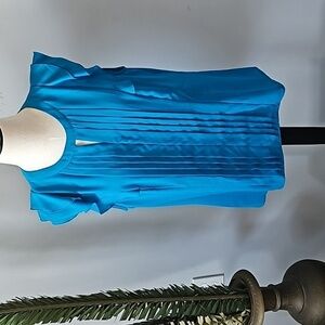 Elle Turquoise Sleeveless Blouse with Ruffles and Pleated Front